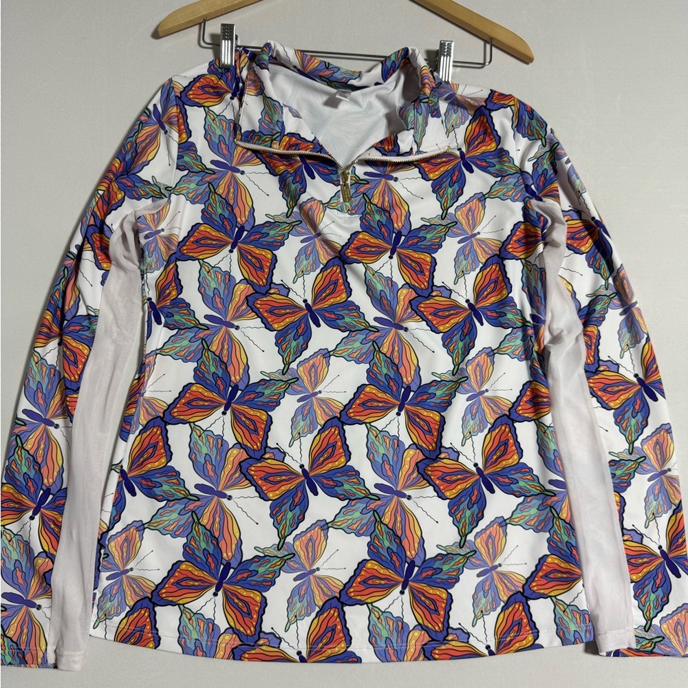 Dancing Equestrian Ladies Long-Sleeve Butterfly Print Pullover - White/Multi